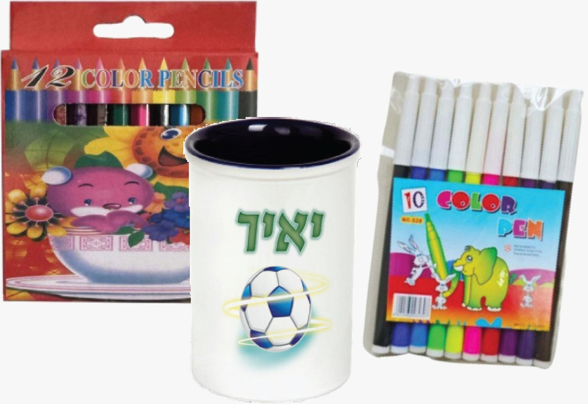 מעמד לעפרונות קרמיקה + עפרונות + טושים